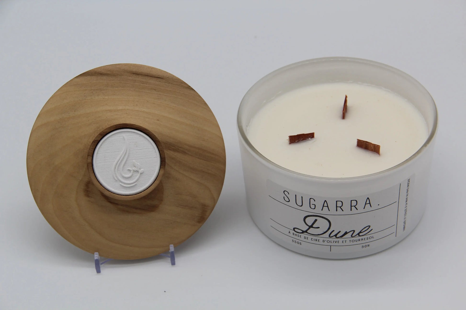 Bougie 350g avec couvercle en Bois spéciaux – Pièce n°02 ( Tulipier ) Sugarra