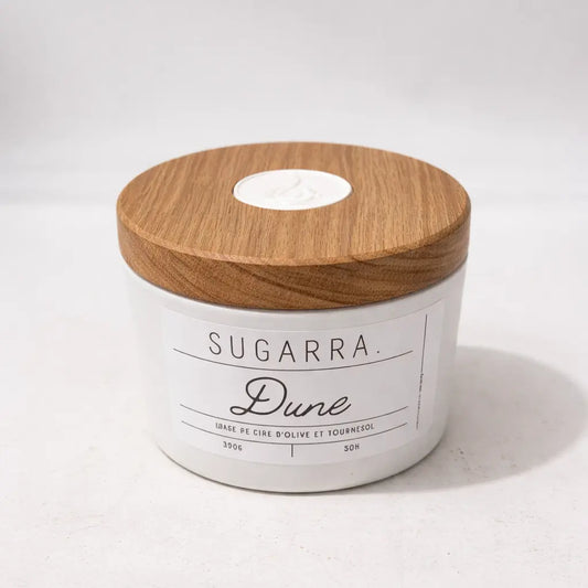 Bougie 350g avec couvercle en Chêne Sugarra