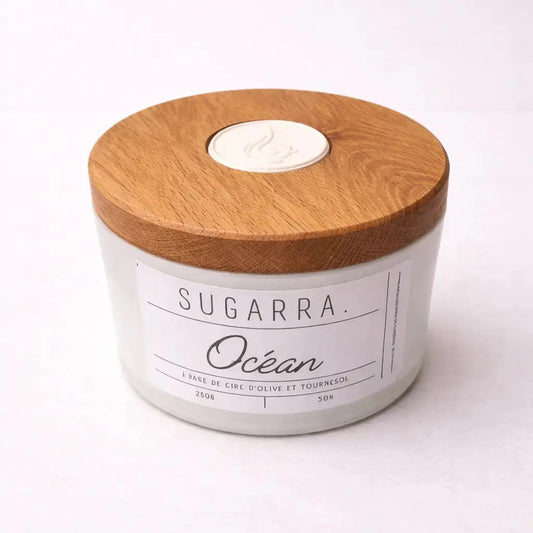 Bougie 350g avec couvercle en Chêne Sugarra