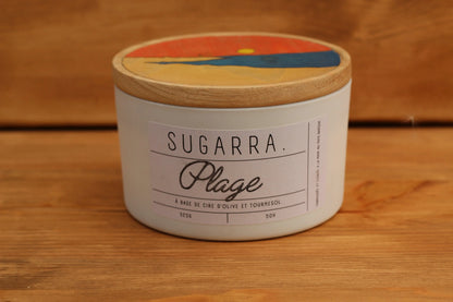 Bougie artisanale parfumée "Plage" avec couvercle en placage bois teinté  - 350 g Sugarra