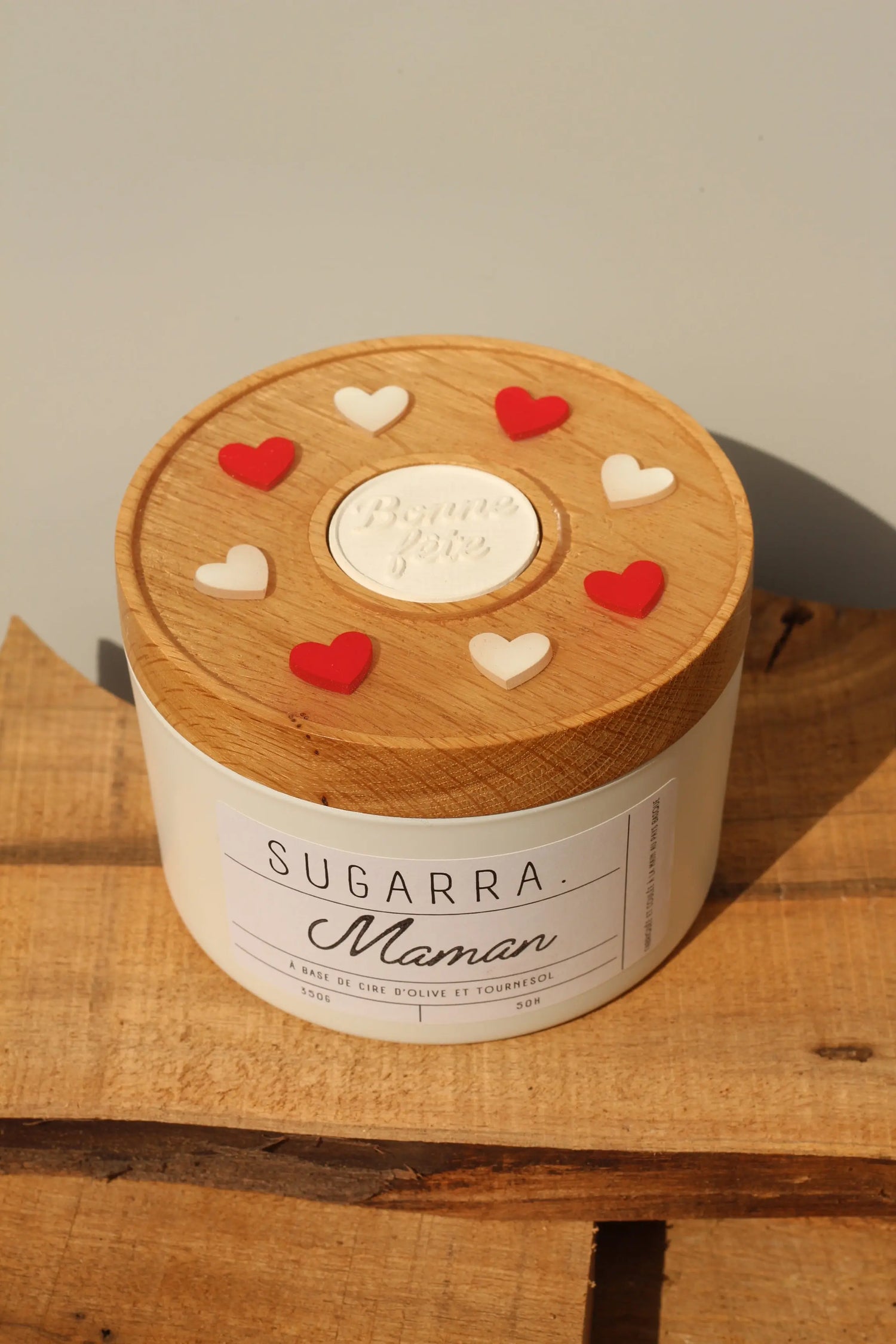 Bougie artisanale parfumée 350g - Fête des Mères - Couvercle coeur Rouge & Blanc Sugarra